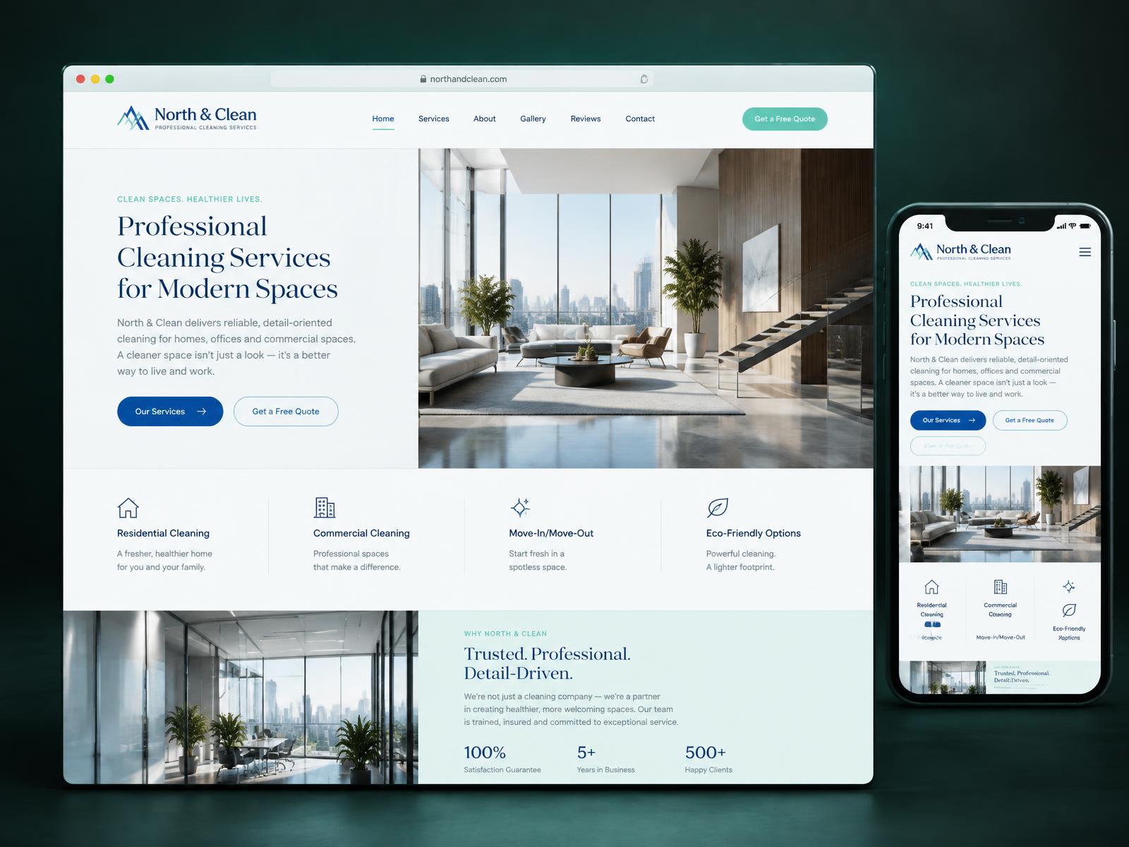 Professional Cleaning Company website shown on desktop and mobile